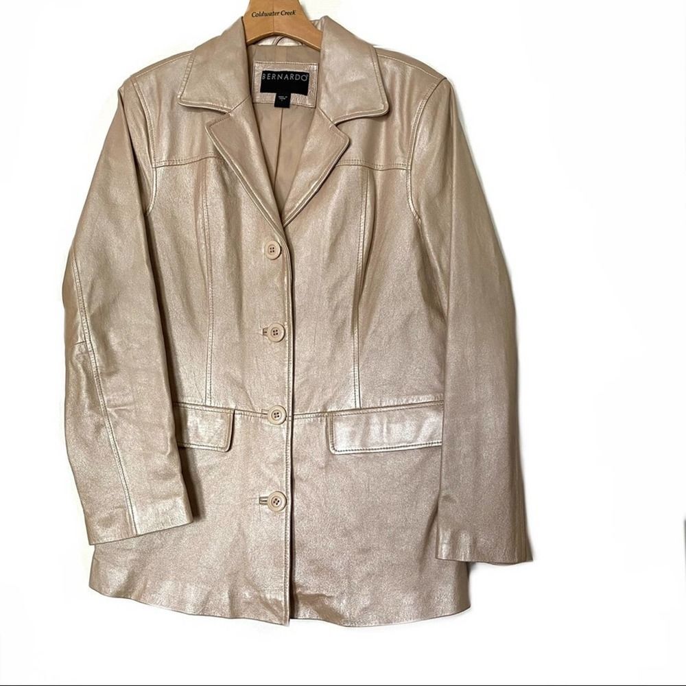 Bernardo Leather Jacket L Champagne Beige Metallic Coat Career Evening